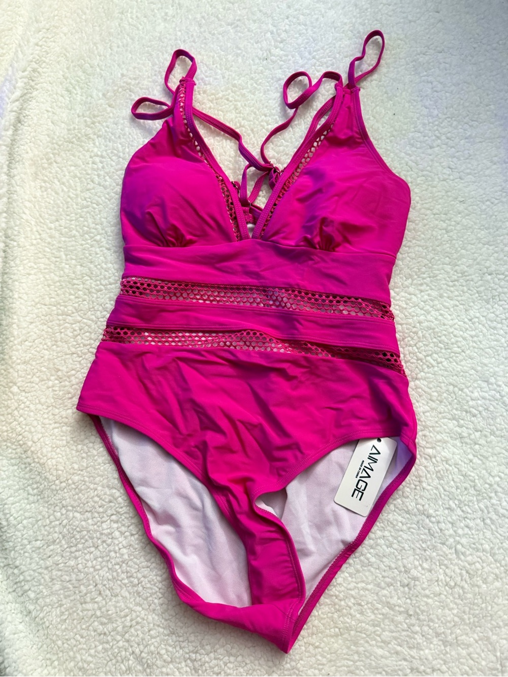 Magenta One-Piece Swimsuit with Lace Insets. Size Medium